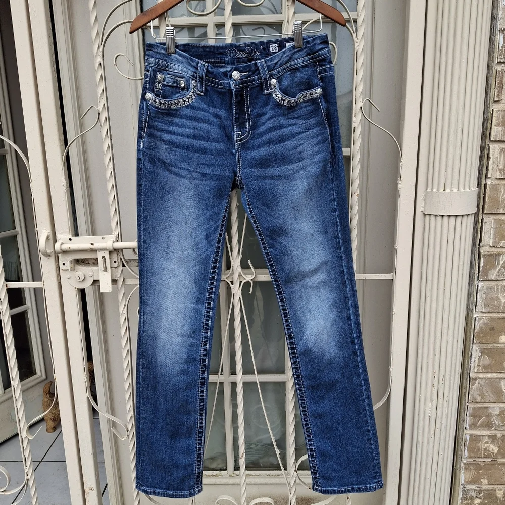 Miss Me Easy Straight Embellished Mid-Rise Blue Jeans Women Size 28 - Picture 1 of 16